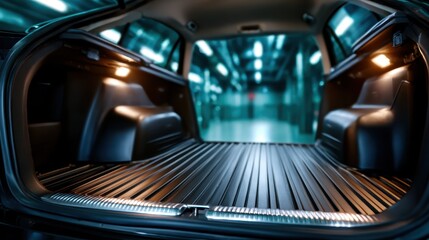 This image showcases a spacious car trunk illuminated by warm lights, emphasizing its modern design and clean lines, perfect for showcasing vehicle interiors.
