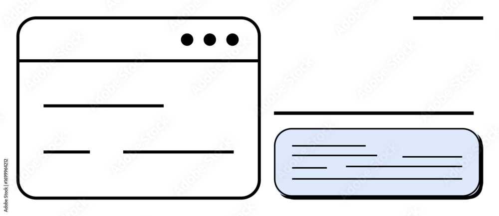 Poster web browser window with simple lines representing content, adjacent to a text chat box. ideal for us