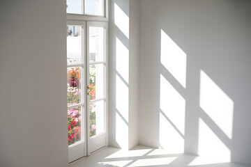 Bright sunlight streams through french doors casting geometric shadows on a clean white wall and floor