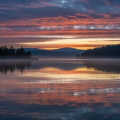 Obraz premium Vibrant sunrise over a calm lake reflecting colorful clouds and distant hills