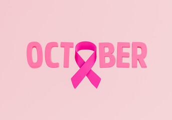 Pink ribbon and the word October on a pink background for the Breast Cancer Awareness Month and World Cancer Day in 3D illustration