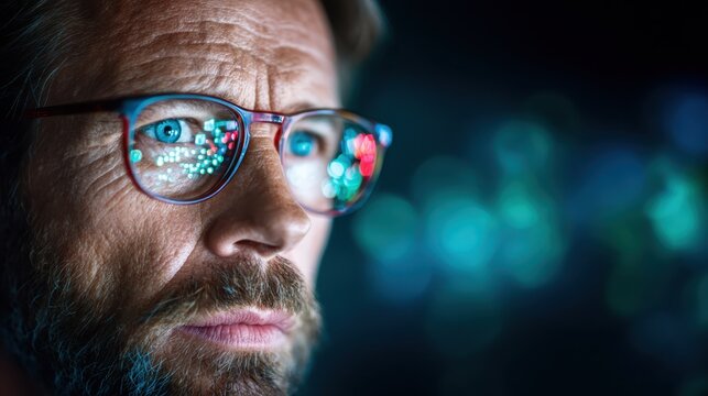 A focused man with glasses gazes into the distance, with reflections of colorful lights mirrored in his lenses, symbolizing deep thought and creativity in an abstract setting.