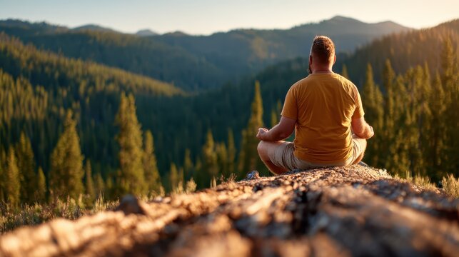 A contemplative man sits cross-legged on a log, meditating while overlooking a breathtaking mountainous landscape bathed in warm sunlight, embodying tranquility and peace.