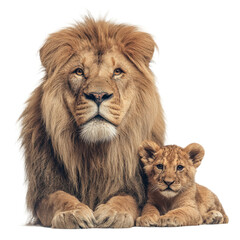 A lion and a cub are laying down on a white background