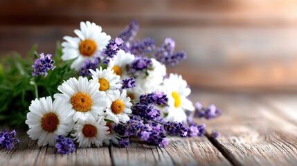 Fototapeta premium A delightful bouquet of daisies and lavender arranged beautifully on a rustic wooden surface, evoking a sense of freshness and the beauty of nature intertwined in perfect harmony.