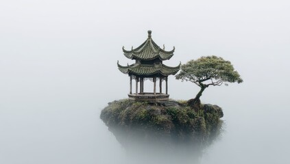 Obraz premium Misty Asian Pagoda on Floating Rock