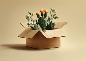 Cactus in Cardboard Box on Beige Background. Great for relocation, packaging, and creative nature-themed editorial use.
