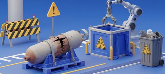 stylized illustration of a rusty, damaged gas cylinder on a factory floor, with a robotic arm preparing to safely dispose of it, symbolizing industrial safety and waste management.