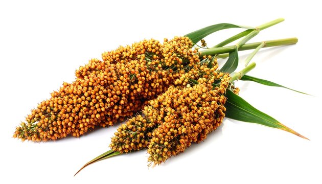 Close-up of a bunch of sorghum heads with golden-orange seeds and vibrant green leaves against a plain white background.