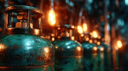 Naklejka premium An artistic representation of vintage gas canisters illuminated by warm lights, creating an atmospheric composition that invokes nostalgia and industrial elegance in a unique setting.