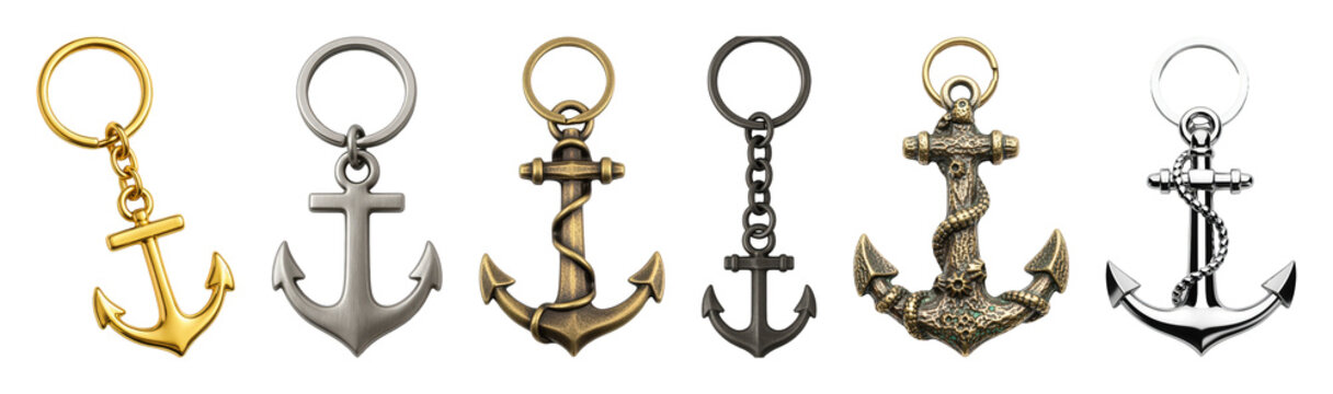 Anchor keychain set including polished gold, brushed silver, antique bronze, and dark metal styles isolated. Nautical good luck charms and jewelry collection.