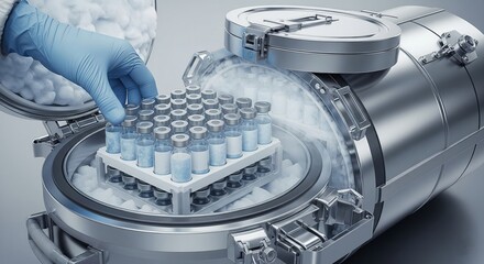 gloved hand places a tray of medical vials into a cryogenic freezer, with vapor visible around the bottles. This represents cold storage and logistics for pharmaceuticals or biological samples.