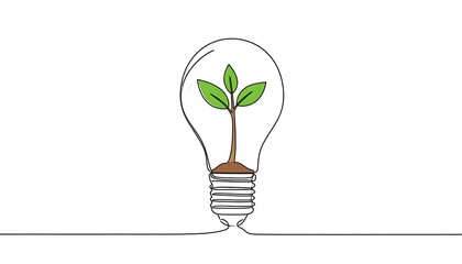 A single-line drawing of a lightbulb containing a small plant, symbolizing sustainable ideas and innovative thinking.