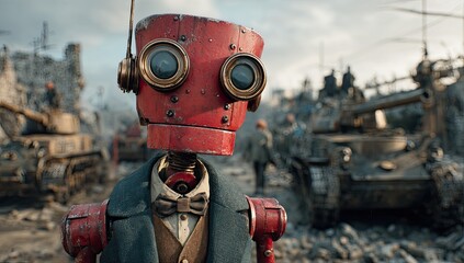 Retro robot amidst war-torn city, post-apocalyptic scene