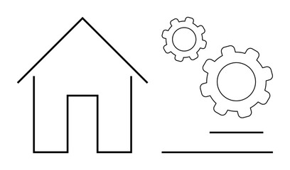 House outline next to two mechanical gears and horizontal lines representing innovation, process, and systematic solutions. Ideal for technology, real estate, home improvement, organization