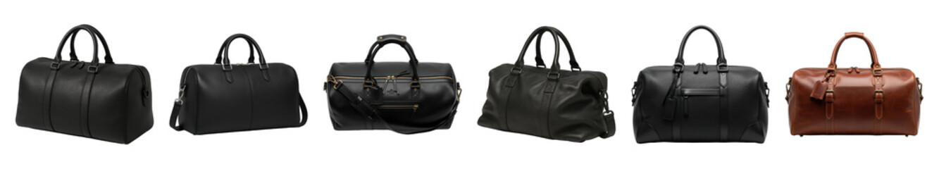 Naklejka premium Leather duffel bag set including black and brown, various styles, pebbled and smooth textures isolated. Travel and fashion accessory collection.