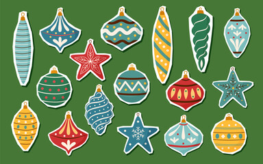 Set of Christmas ornaments isolated on green background. Christmas objects. Christmas tree decoration. Vector flat cliparts.