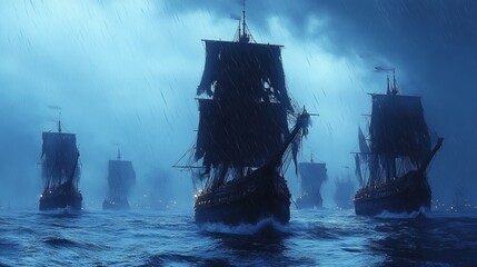 Fototapeta premium Historic ships navigate stormy waters under looming dark clouds, showcasing their strength