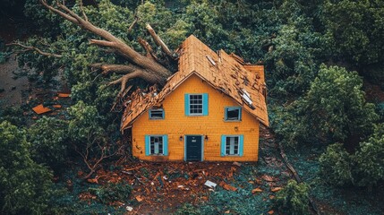 An abandoned yellow house lies damaged among fallen trees, showcasing nature's fury in a dense forest