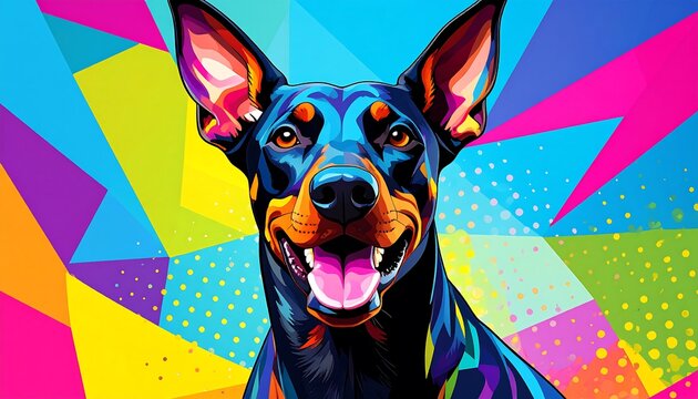 A vibrant, pop-art style illustration of a Doberman Pinscher, set against a dynamic backdrop of bold, geometric shapes and bright colors, showcasing a playful and energetic mood.