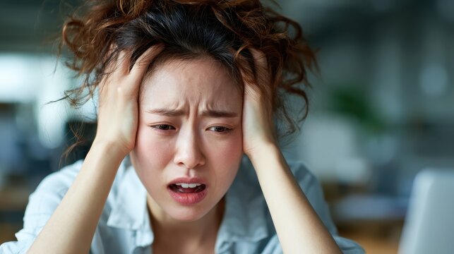 A candid moment capturing a young woman in an office setting, expressing stress and exasperation, offering a relatable glimpse into the pressures of contemporary work life.