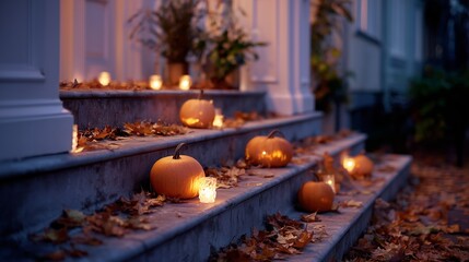 Obraz premium Decorative pumpkins and candles adorn a staircase during an autumn evening in a cozy neighborhood setting