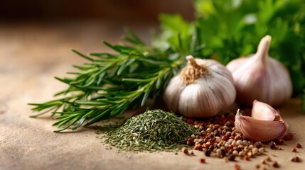 An assortment of fresh herbs, garlic bulbs, and various spices arranged beautifully on a rustic wooden table, showcasing the essence of culinary delights and flavors.