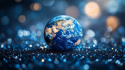 A colorful globe sits on a shimmering surface, showcasing our planet's beauty against a sparkling backdrop