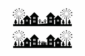 New Year celebration in a snowy city, fireworks above houses,  silhouette vector holiday background