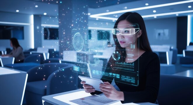 Professional woman using mixed reality smart glasses