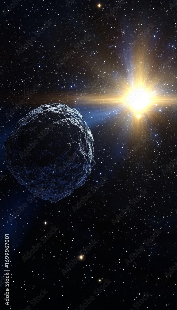 Poster a dark asteroid orbiting a glowing star, creating a stunning visual for astronomy enthusiasts