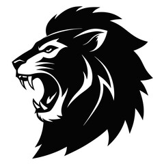 Lion Head Silhouette Vector Roaring in Solid Black on White Background