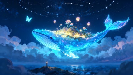 Luminous Whale with a Garden on Its Back Floating in a Starry Night Sky