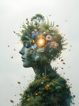 The natural double exposure image incorporating elements of transformation, coping, comity, intelligence, and mindfulness. Natural Intelligence. Illustration