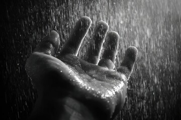 A hand reaching into a downpour