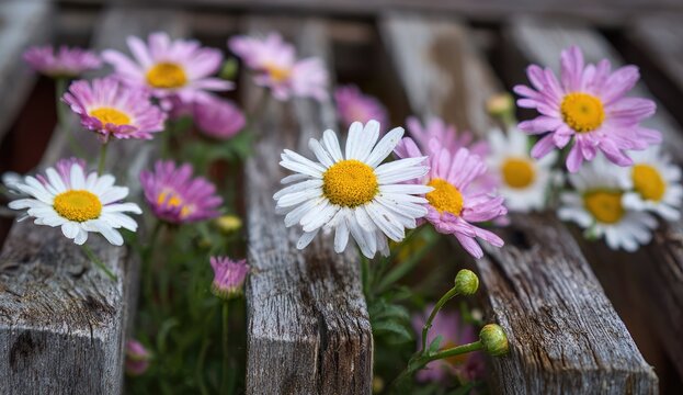 Daisies blooming through rustic wooden fence, garden background - Powered by Adobe