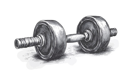 Fototapeta premium A detailed grayscale graphite drawing of a dumbbell resting on a slightly textured surface. The dumbbell is depicted realistically, showing the knurling on the handle and the weight plates. 