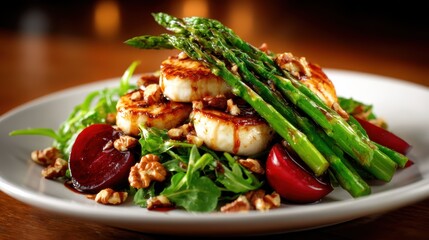A beautifully plated dish featuring scallops, asparagus, and walnuts creates an exquisite culinary presentation. The vibrant colors and textures evoke delight and gastronomic artistry.