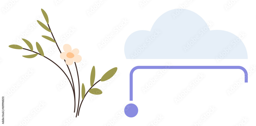 Poster flower branch with leaves and a soft bloom next to a minimalistic cloud and curved line. ideal for n