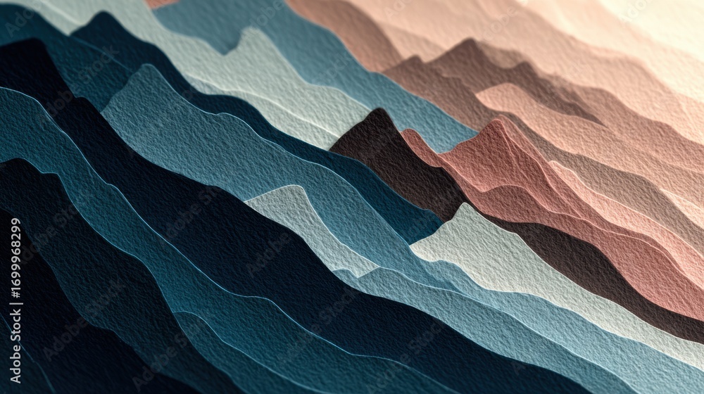 Poster abstract layered paper landscape display featuring waves of color in neutral and cool tones