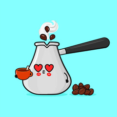 Cute coffee pot with loving eyes and a cup of coffee