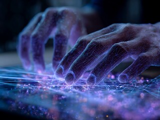 Futuristic hands interacting with holographic interface, glowing purple network of connections. Concept of digital touch, virtual reality, artificial intelligence and cyber future