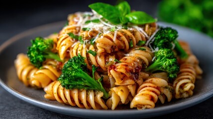 A delicious pasta dish is beautifully presented, garnished with fresh green broccoli and herbs, showcasing vibrant colors and textures that highlight culinary artistry in cooking.