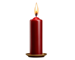 Single red Christmas candle with glowing flame providing warm light. Festive home decor element for peaceful, serene, and celebratory spiritual ambiance on transparency background