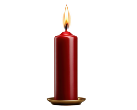 Single red Christmas candle with glowing flame providing warm light. Festive home decor element for peaceful, serene, and celebratory spiritual ambiance on transparency background