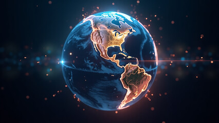 Digital earth with glowing continents and connections on dark background