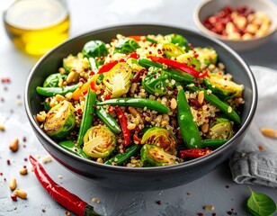 Sałatka z komosy ryżowej ze smażoną fasolką szparagową, brukselką, i papryczką chili 