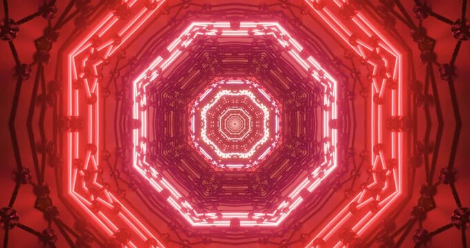 Illustration of a glowing octagonal tunnel in red and pink neon, featuring circuit-like patterns
