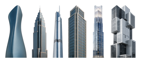 Modern skyscraper set including various contemporary architectural styles isolated. Urban development and city planning elements.