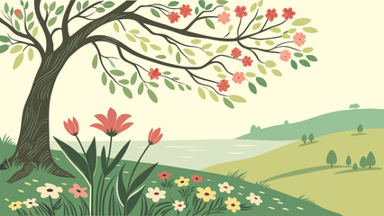 spring landscape with tree and flowers
